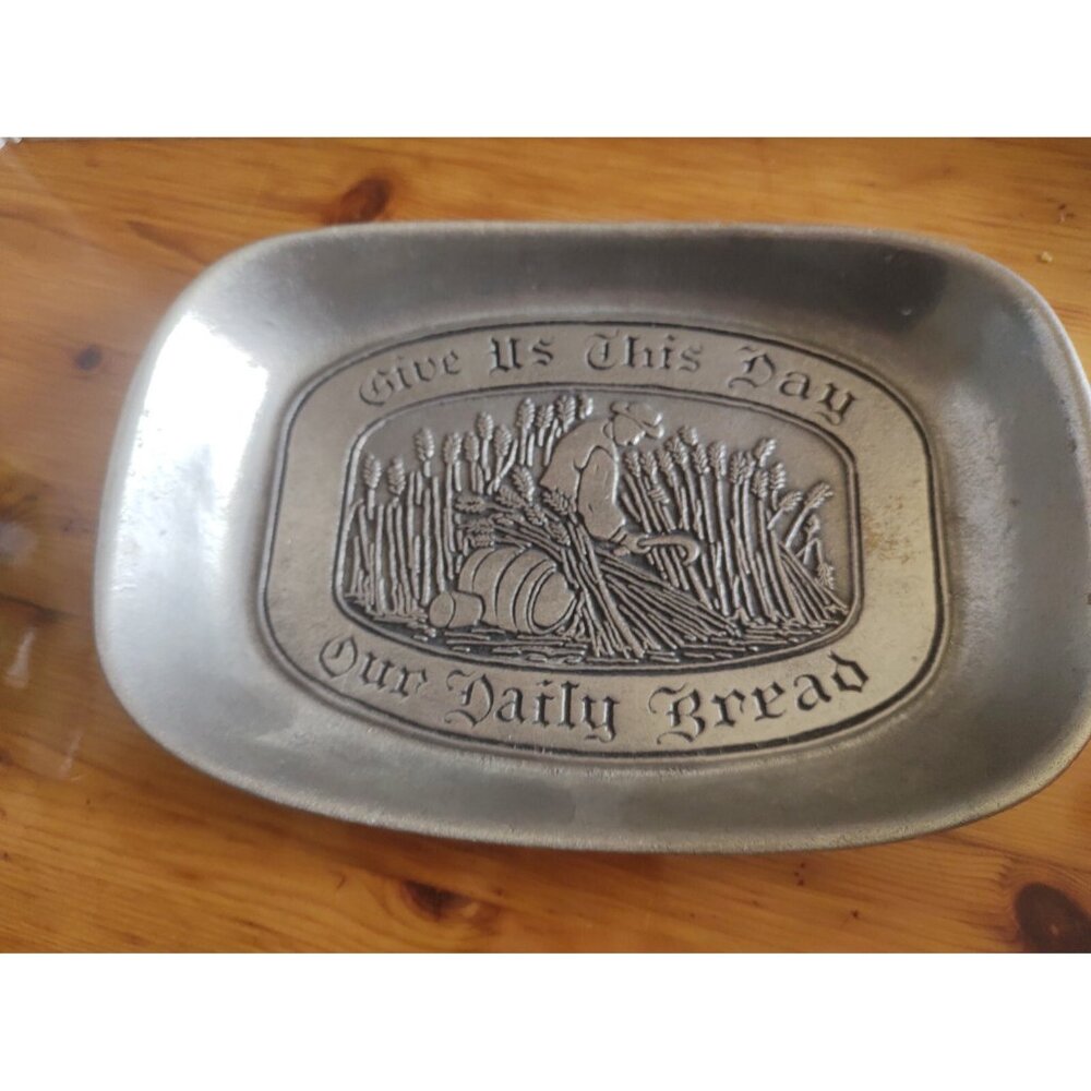 Vintage pewter serving tray Wilton ARMETALE "Give us This Day Our Daily Bread"